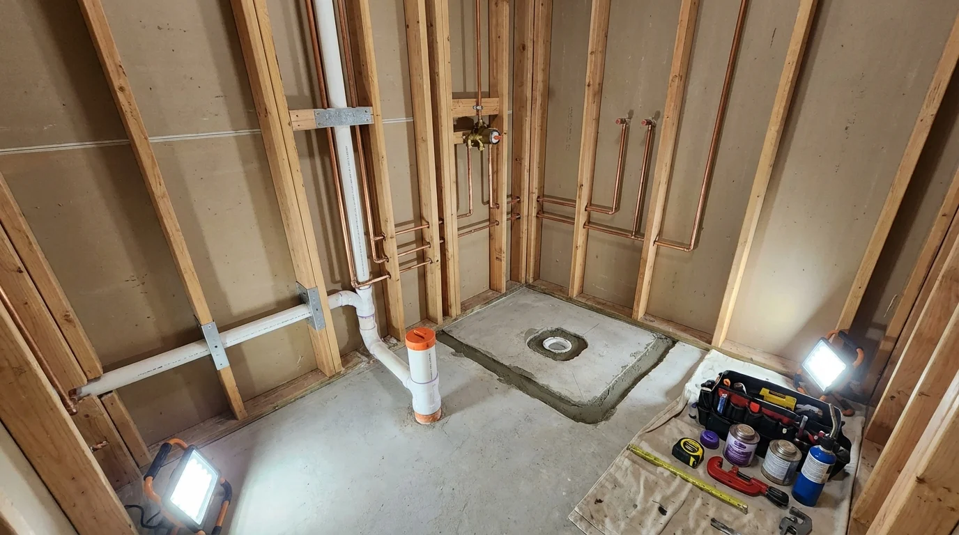 Bathroom rough-in plumbing during remodel by Johns Plumbing LLC in Brownfield