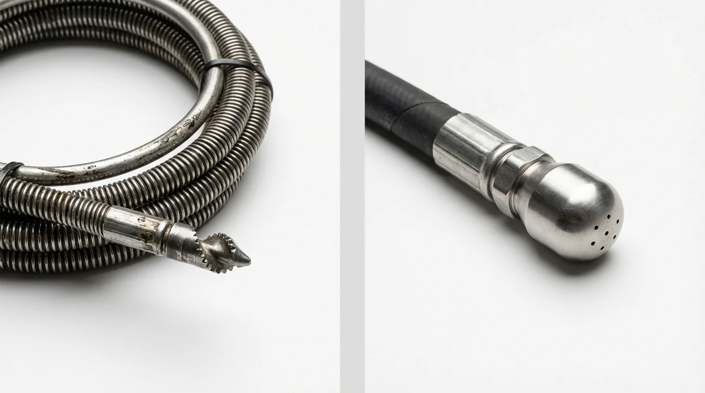Drain snake cable and hydro jetting nozzle used for drain cleaning in Brownfield, TX