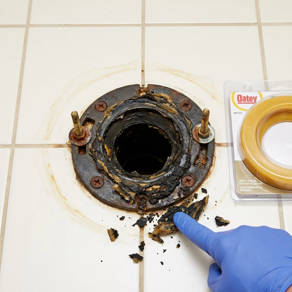 Failed wax ring showing water seepage at the base of a toilet in a Brownfield, TX home