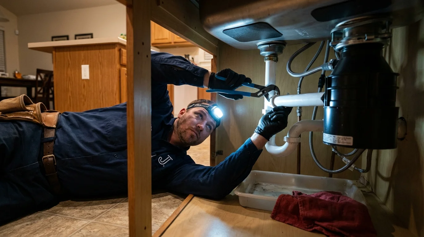 P-trap and supply line connections under a kitchen sink showing a common leak point in Brownfield, TX